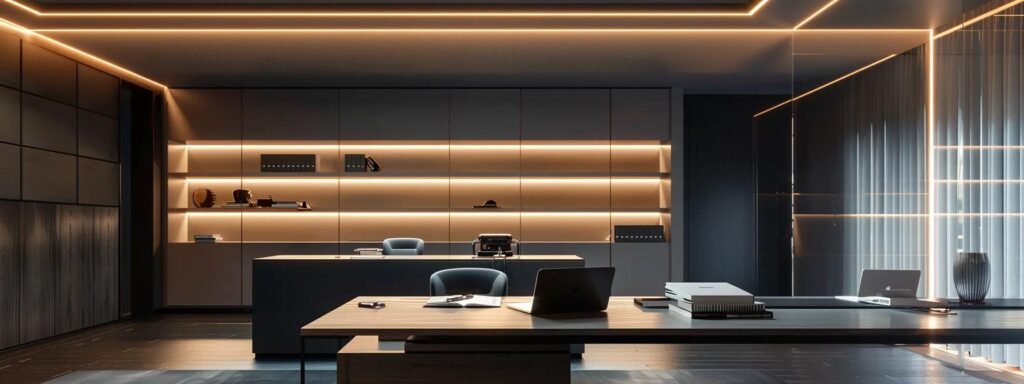 a sleek, modern office workspace features a minimalist desk adorned with a high-tech laptop and notebooks, illuminated by warm artificial lighting that enhances the atmosphere of focused productivity.