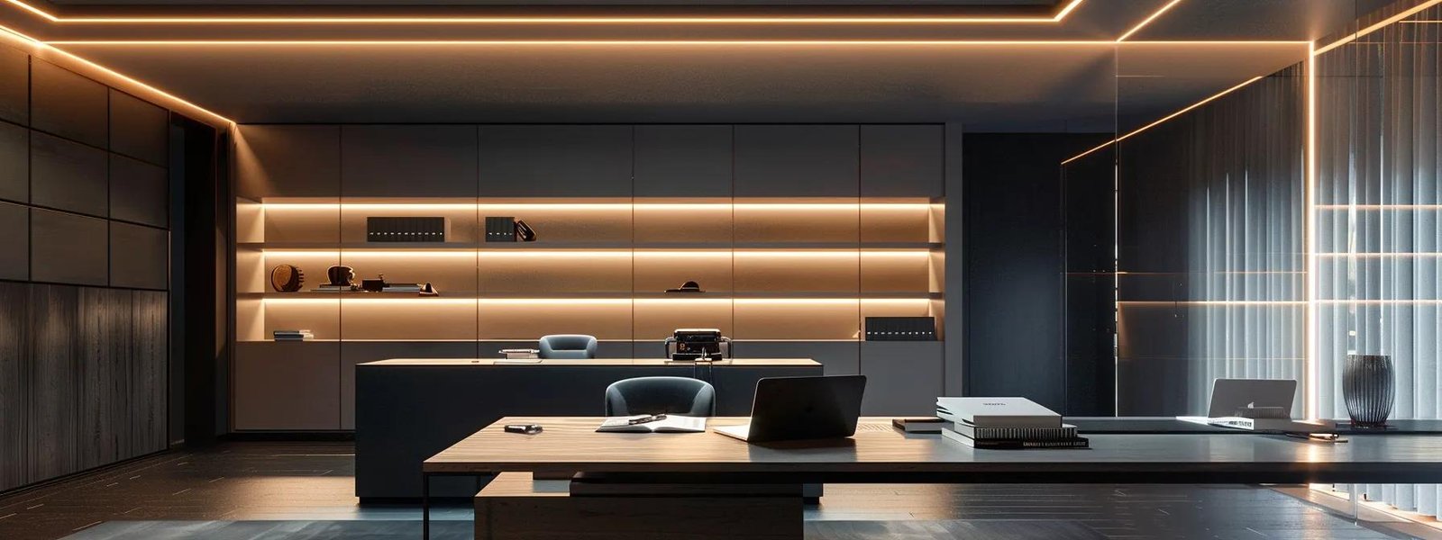 a sleek, modern office workspace features a minimalist desk adorned with a high-tech laptop and notebooks, illuminated by warm artificial lighting that enhances the atmosphere of focused productivity.