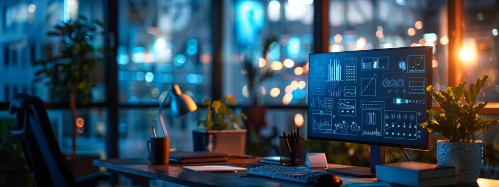 a sleek, modern office workspace is illuminated by ambient lighting, featuring an array of high-tech screens displaying intricate flowcharts and brainstorming ideas, symbolizing the advanced strategies for ai prompt construction.