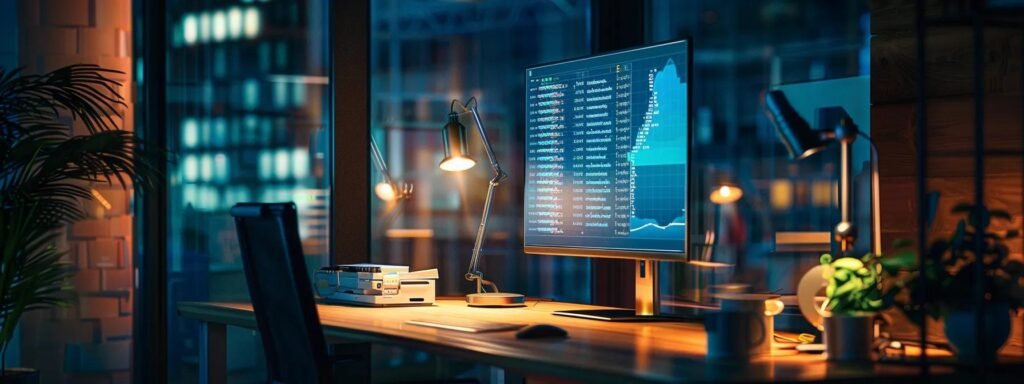 a sleek, modern office workspace is illuminated by warm artificial light, showcasing an advanced digital writing interface on a vibrant screen, symbolizing the future of ai content creation.