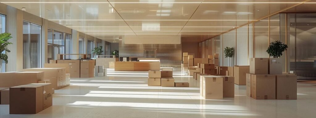 a sleek, well-organized office space is depicted with strategically placed cardboard boxes, illustrating the process of door-to-port relocation services, showcasing a balance between professional logistics and personal management, with an emphasis on efficiency and international transport.