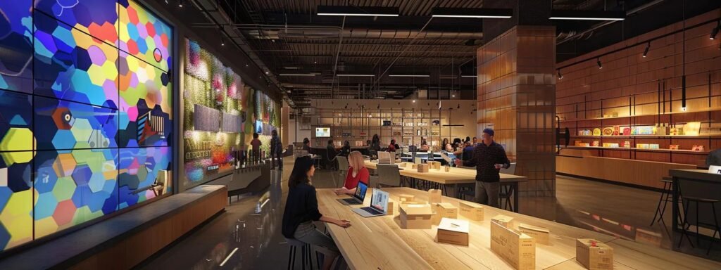 a streamlined office setting with a family discussing their moving plans at a large conference table, flanked by organized boxes and digital devices showcasing the moving and storage process.