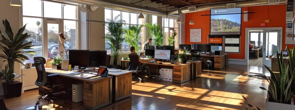a vibrant office setting features a focused team analyzing customer feedback on large screens, with positive reviews of next door movers prominently displayed, reflecting their reputation for efficiency and care in moving services.