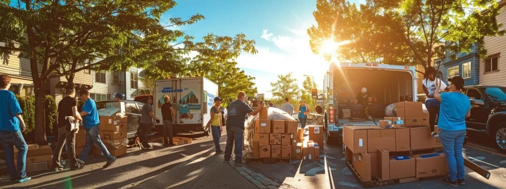 a vibrant urban scene captures a team from next door movers actively engaging with the neptune nj community, as they assist local residents with packing boxes and loading them into trucks during a spirited community event, showcasing their commitment to service and connection.