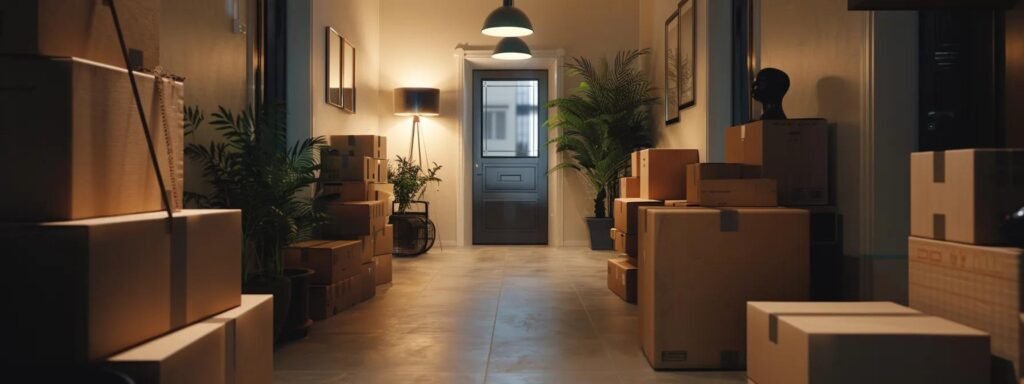 a well-organized home interior with clear walkways and neatly stacked, labeled boxes awaiting the arrival of a moving crew, illuminated by bright overhead lights to highlight the meticulous preparation for the move.