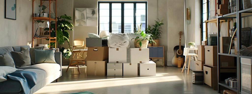 a well-organized, modern packing station in a sleek urban apartment, featuring neatly arranged boxes, bubble wrap, and packing materials, exuding a sense of efficiency and readiness for a smooth relocation.