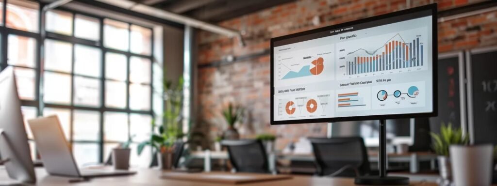 a wide-angle shot of a modern office space, showcasing a detailed infographic on a large screen that visually breaks down the cost factors of door-to-door and door-to-port relocation services, with a clean and professional workspace in the background.