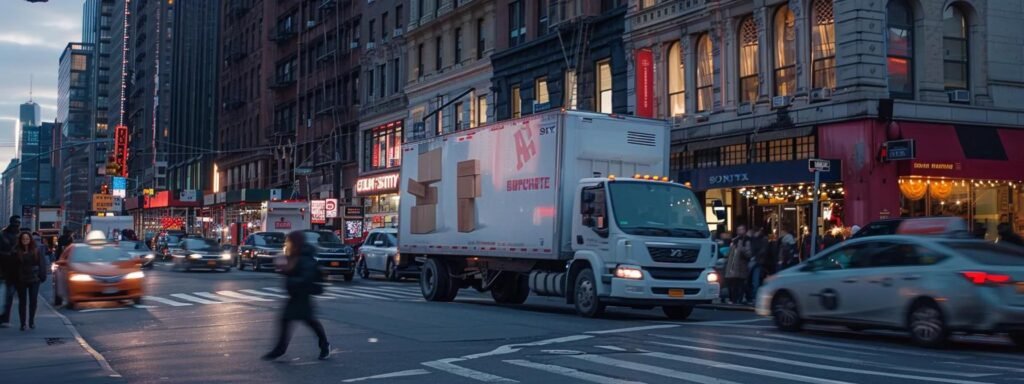 an electric urban scene captures a dynamic moving team expertly maneuvering packed boxes into a large truck amidst the bustling streets of new york city, emphasizing the importance of adhering to local regulations while navigating tight spaces and heavy pedestrian traffic.