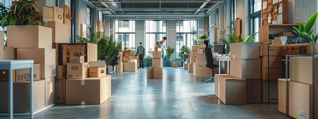 an organized and modern office space showcases a moving company team diligently coordinating the final stages of a client's relocation, with boxes neatly arranged and a focus on professionalism in their interactions.