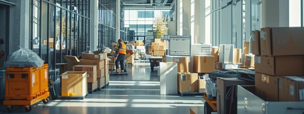 an organized commercial moving scene inside a bustling office environment, showcasing a team of professionals efficiently packing boxes and loading modern transport trucks, emphasizing streamlined operations and minimal downtime during the relocation process.