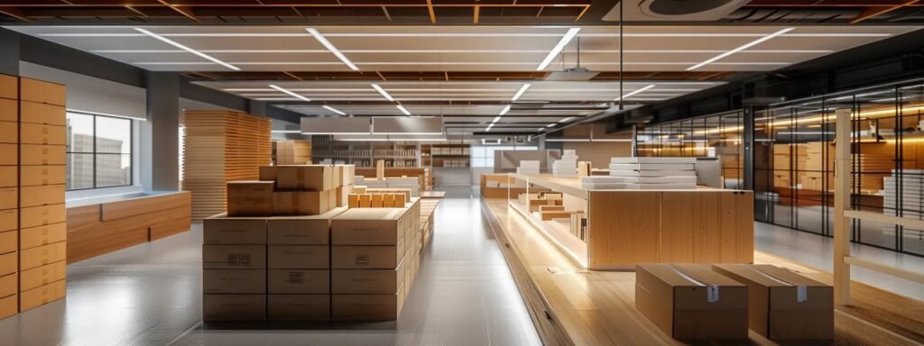 an organized, modern office workspace showcases an array of neatly stacked packing boxes and efficient packing materials, illuminated by bright overhead lights that highlight the strategic arrangement and industry professionalism.