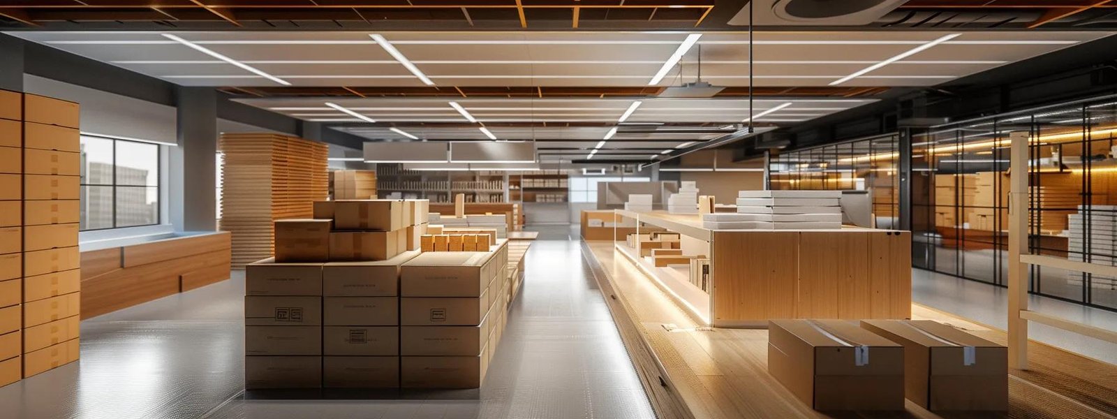 an organized, modern office workspace showcases an array of neatly stacked packing boxes and efficient packing materials, illuminated by bright overhead lights that highlight the strategic arrangement and industry professionalism.