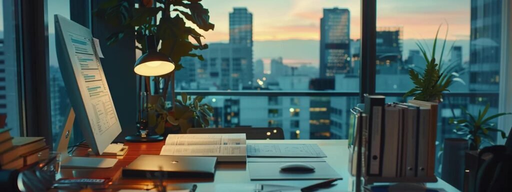 an organized office setting showcases a person reviewing a detailed bill of lading on a sleek desk, emphasizing the importance of understanding entitlements and obligations in the interstate moving process, with warm, focused lighting casting a professional ambiance.