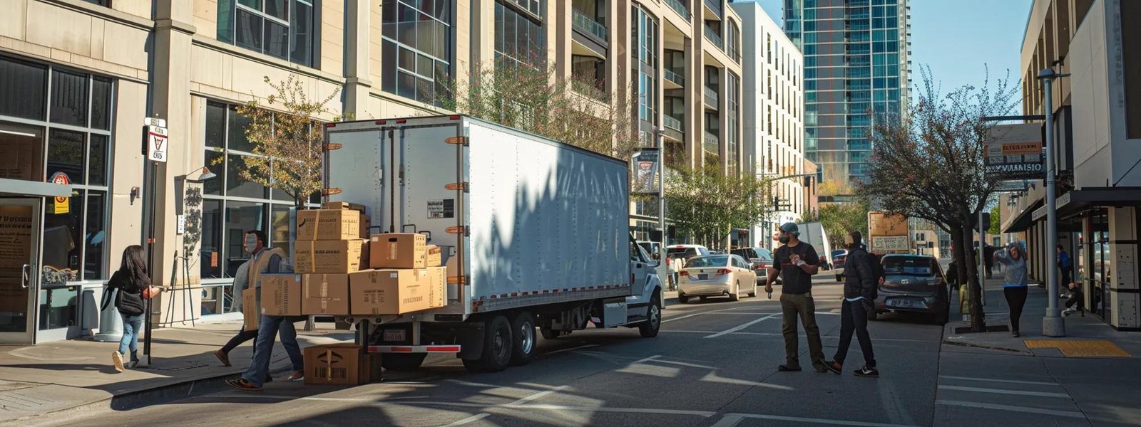 an organized urban moving scene captures individuals efficiently packing boxes into a moving truck, highlighting the importance of local moving permits amidst the bustling city backdrop.