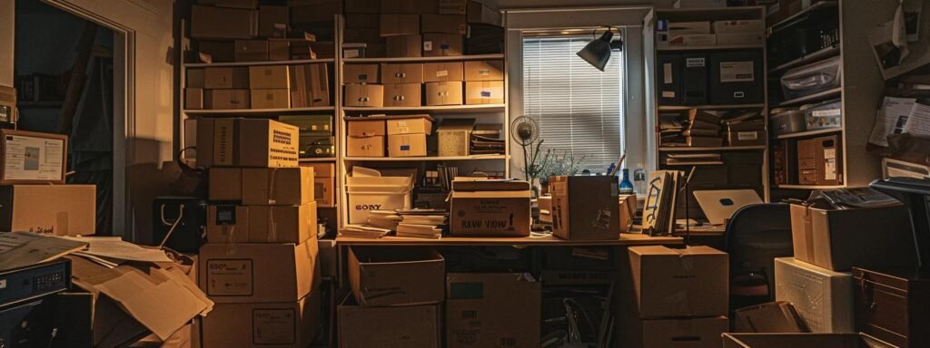 a brightly-lit, organized home office filled with carefully labeled boxes stacked methodically, each representing a different room, illustrates the streamlined process of efficient room-by-room packing for relocation.
