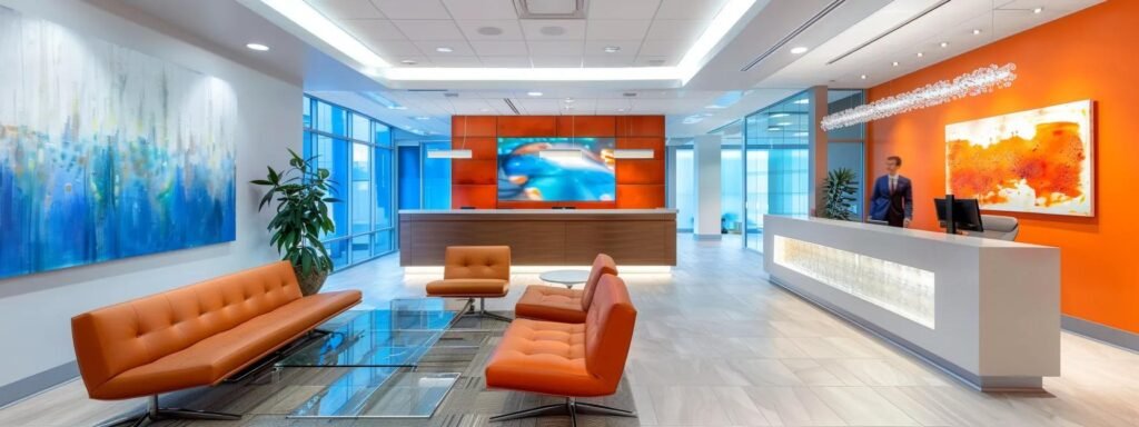 a brightly lit, modern office reception area showcases a friendly and professional moving company representative engaging with a smiling client, emphasizing trust and ease in local relocation services.