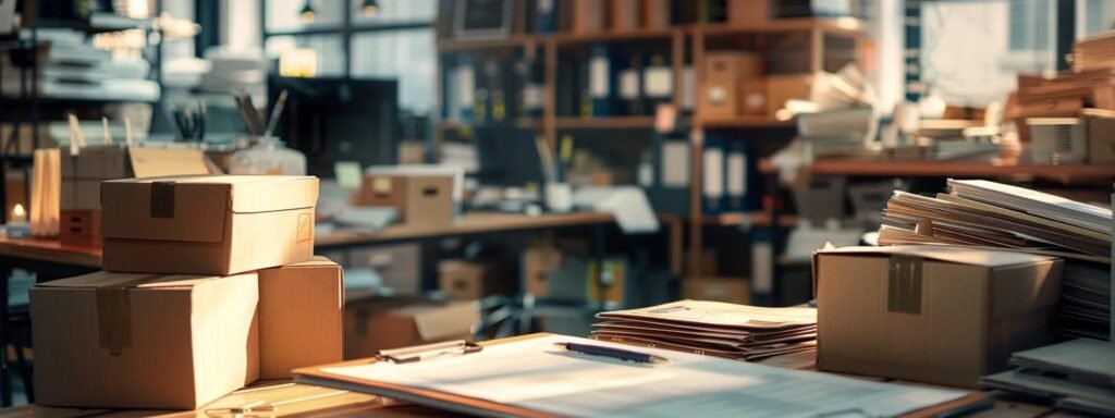 a bustling office space filled with neatly stacked boxes, a clipboard with a detailed checklist, and organized packing supplies, capturing the essence of efficient relocation planning and preparation.