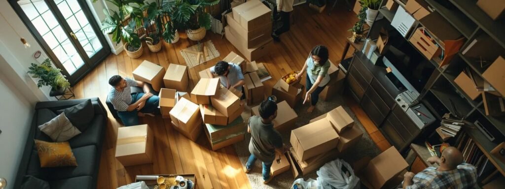 a bustling urban apartment surrounded by friends and family actively collaborating to sort boxes and arrange packing supplies, showcasing the vibrant energy of community support during a move.