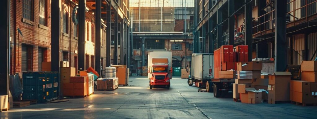 a bustling urban moving company warehouse filled with workers efficiently packing colorful boxes into sleek trucks, underscoring the critical importance of compliance with state regulations.