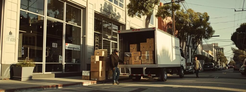 a bustling urban moving company at work, with movers efficiently packing clear, labeled boxes into a modern truck amidst an organized office environment, reflecting the adherence to consumer protection laws in the relocation process.