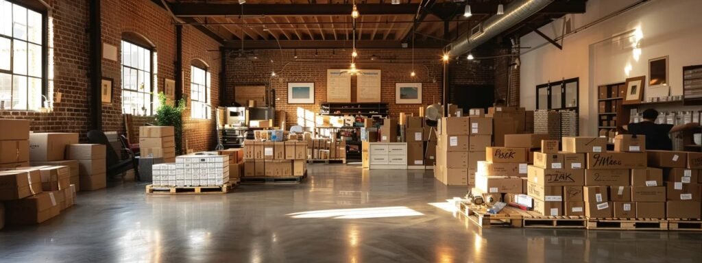 a bustling urban moving company office features neatly stacked boxes and organized packing materials, with a focused team of professionals efficiently coordinating logistics for a smooth relocation process.