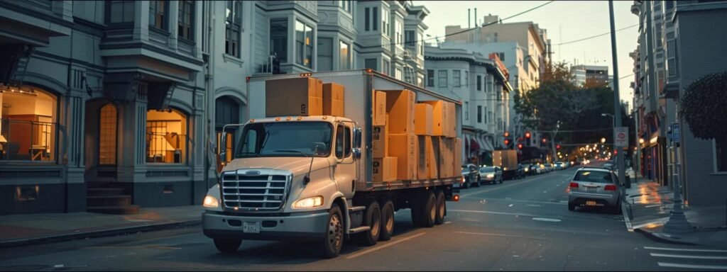 a bustling urban moving company setting displays professionals efficiently loading neatly packed boxes into a branded moving truck, emphasizing their commitment to meeting state-specific insurance and bonding requirements for safe and reliable service.