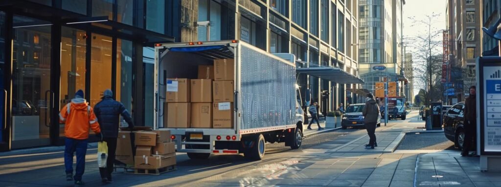 a bustling urban moving hub showcases diligent movers expertly packing and loading boxes into a sleek moving truck, set against a backdrop of regulatory signage and state department posters illustrating the complex landscape of state-specific moving regulations.