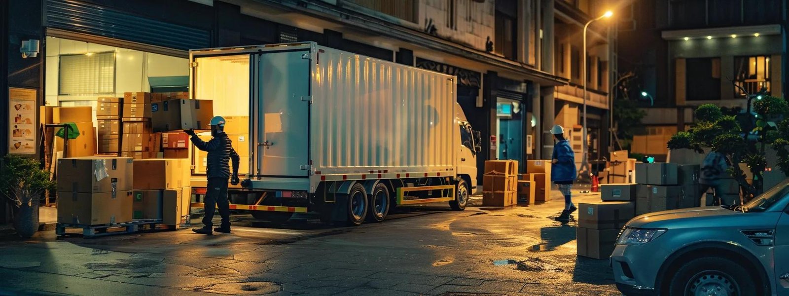 a bustling urban moving hub showcases a team of focused professionals efficiently packing boxes into a sleek moving truck, surrounded by regulatory signage highlighting state compliance standards.