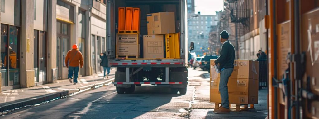 a bustling urban moving operation captures workers efficiently loading neatly packed boxes into a bright, branded moving truck, emphasizing the professionalism and compliance of the business in securing necessary licenses and permits.
