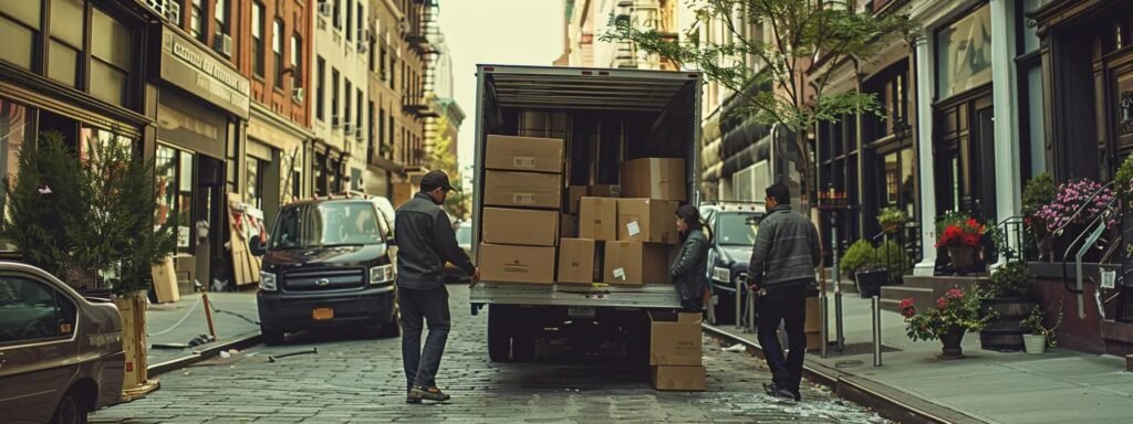 a bustling urban moving scenario features a diverse team efficiently packing boxes into a sleek moving truck, surrounded by organized chaos and meticulous planning, emphasizing the streamlined process of transition managed by a professional moving company.