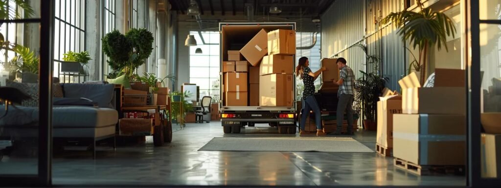 a bustling urban moving scenario depicts a team of professional movers efficiently packing boxes into a sleek truck under bright interior lighting, embodying the organized chaos of a seamless relocation process in an office setting.
