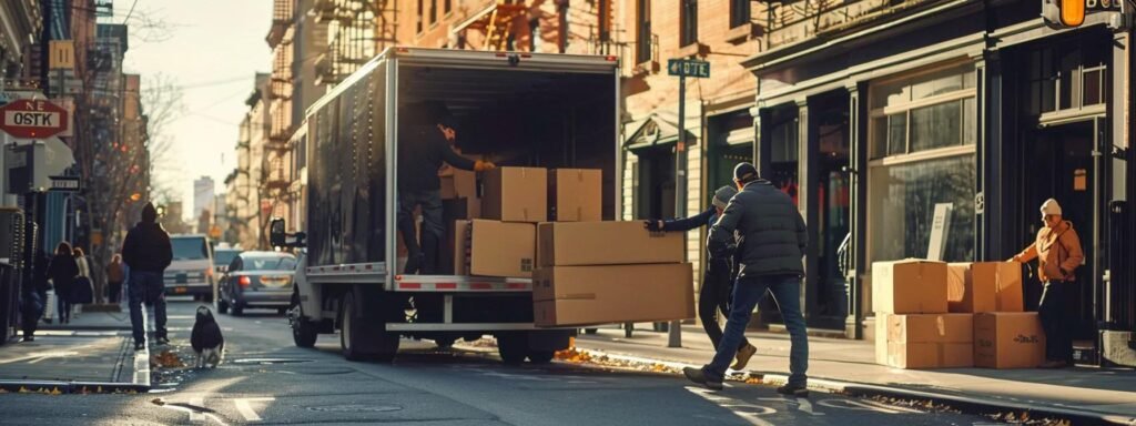 a bustling urban moving scene captures a team of professional movers expertly loading boxes into a sleek moving truck, showcasing their dedication and precision in a well-organized environment.