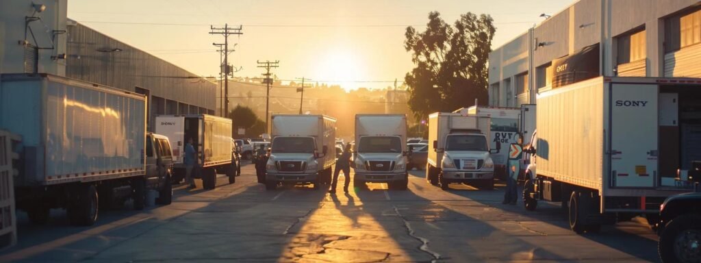 a bustling urban moving scene captures a fleet of professionally branded moving trucks parked in front of a well-organized warehouse, with workers energetically packing neatly labeled boxes, showcasing the commitment to safety and compliance with state vehicle and equipment standards.