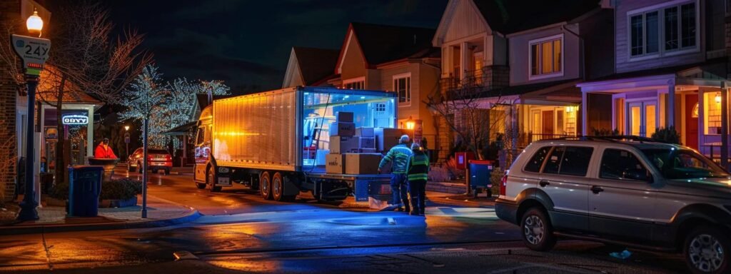 a bustling urban moving scene captures a team of diligent movers efficiently packing boxes into a vibrant truck under the bright lights of a manalapan neighborhood, showcasing the blend of affordable service and exceptional quality.