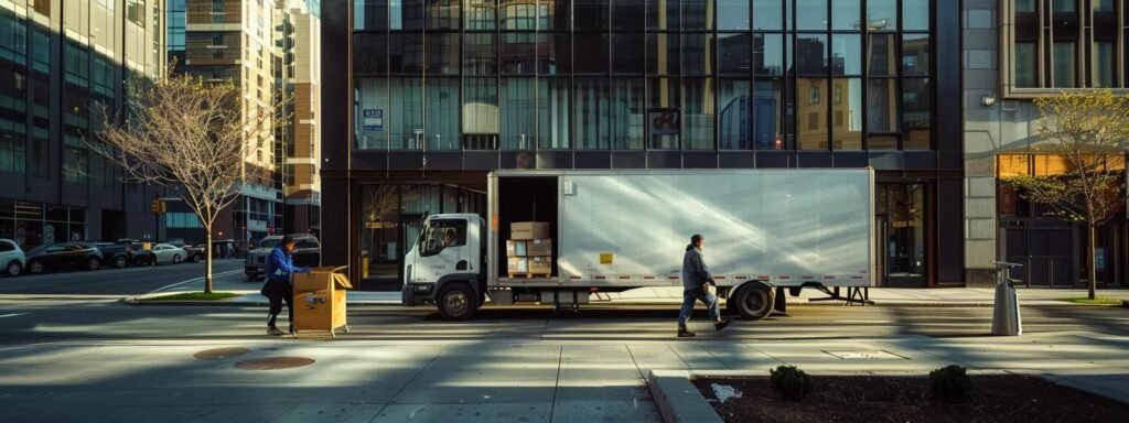 a bustling urban moving scene in middletown, nj, captures the energetic interplay of professionals efficiently loading neatly packed boxes into a sleek moving truck, set against a backdrop of modern city buildings.