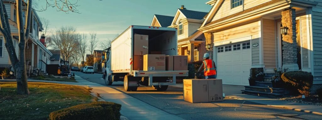 a bustling urban moving scene in middletown, nj, showcases professional movers efficiently packing sturdy cardboard boxes into a modern, brightly-colored moving truck against a backdrop of a clean, organized residential area, emphasizing the reliability and expertise of the moving service.