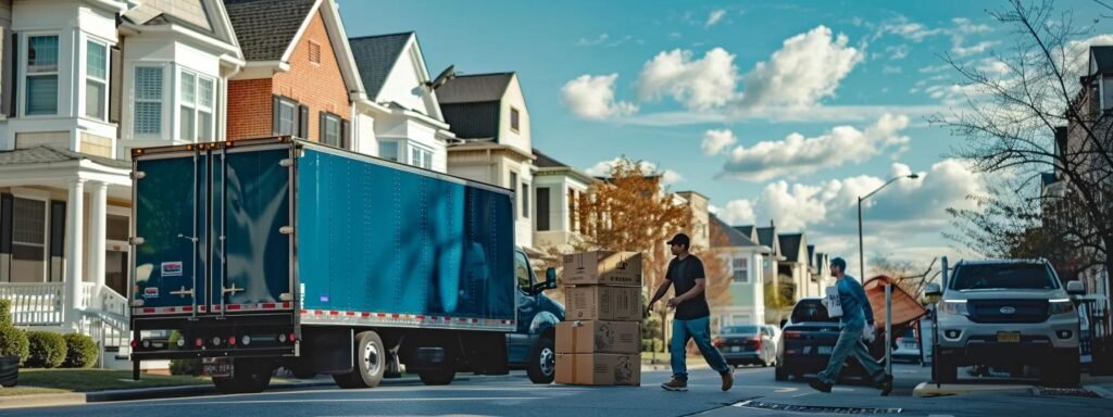a bustling urban moving scene in manalapan, nj, showcasing a reliable moving company with workers energetically loading neatly packed boxes into a vibrant blue moving truck against a backdrop of modern townhouses.
