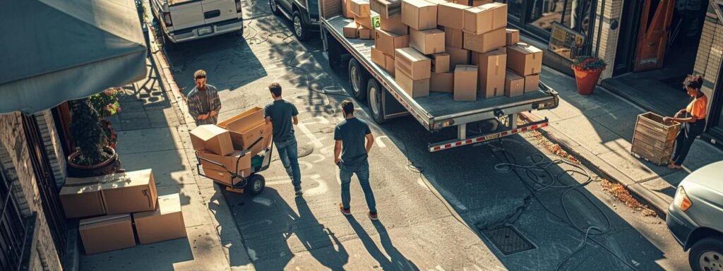 a bustling urban moving site captures movers efficiently packing meticulously labeled boxes into a sleek truck, showcasing a forefront of transparent pricing with clearly displayed service estimates and a digital tablet ensuring customer clarity amidst the organized chaos.