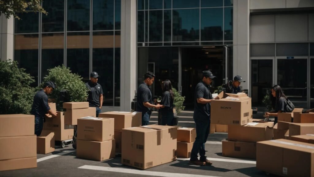 a bustling urban office relocation scene in matawan, nj, featuring a diverse team of professionals efficiently packing and loading meticulously labeled boxes into well-equipped moving trucks against the backdrop of a modern corporate building, conveying the urgency and precision of minimizing downtime during a commercial move.