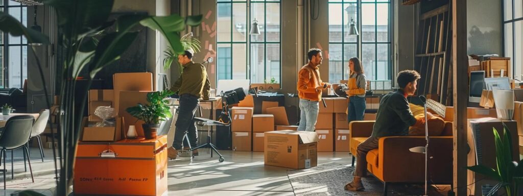 a bustling urban office space showcases a group of professional movers engaged in a dynamic consultation with a client, surrounded by packing materials and moving equipment, emphasizing trust and reliability in logistics.
