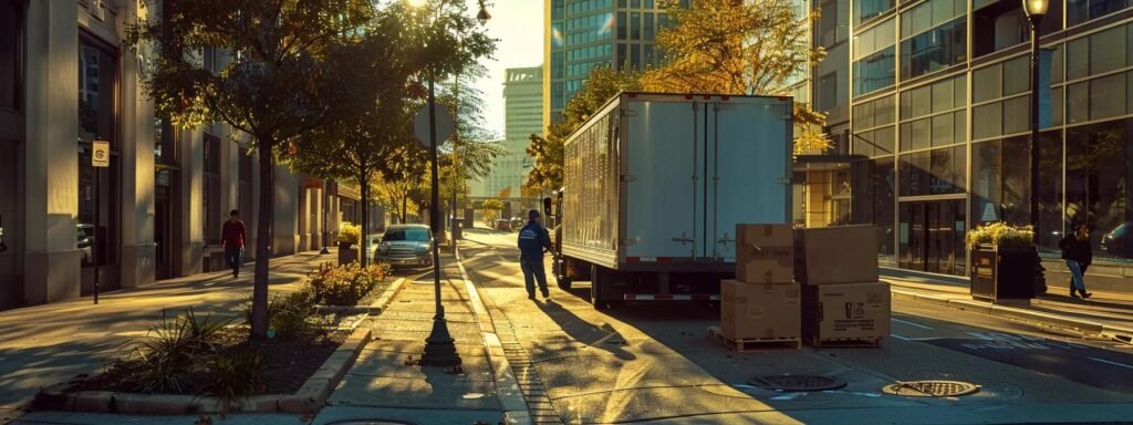 a bustling urban scene captures a team of professional movers efficiently packing and loading boxes into a sleek moving truck amidst the modern architecture of middletown, nj, conveying a sense of organization and dedication to seamless relocation services.