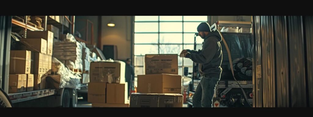 a dynamic indoor scene captures a fully equipped moving team in uniform carefully loading a variety of packed boxes into a sturdy moving truck, highlighting their professionalism and dedication to secure relocation services in manalapan, nj.