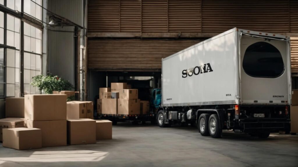 a dynamic interior scene featuring professional movers efficiently loading an array of packed boxes and bulky furniture into a high-capacity moving truck, showcasing the meticulous organization and care involved in both residential and commercial relocation tasks in a bustling urban environment.