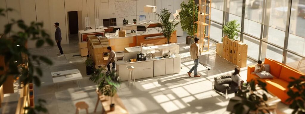 a dynamic office setting showcases a professional team thoughtfully discussing intricate floor plans and diagrams, surrounded by moving boxes and furniture, highlighting the meticulous process behind seamless furniture moving services.
