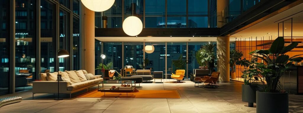 a dynamic urban setting showcases a professional team of movers skillfully maneuvering sleek, modern furniture into a high-rise apartment, illuminated by overhead lights and surrounded by a contemporary interior.