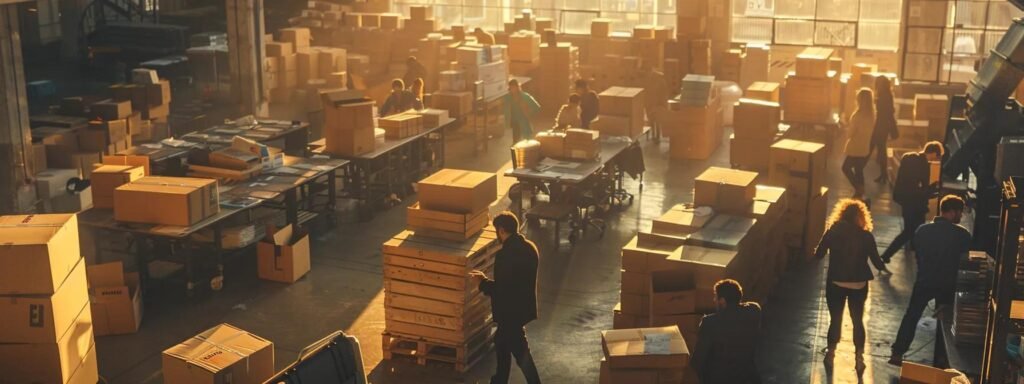 in a bustling urban setting, a diverse team of professionals coordinates the intricate licensing process for moving companies, surrounded by packed boxes and trucks, as they review documents illuminated by the warm glow of overhead office lights.