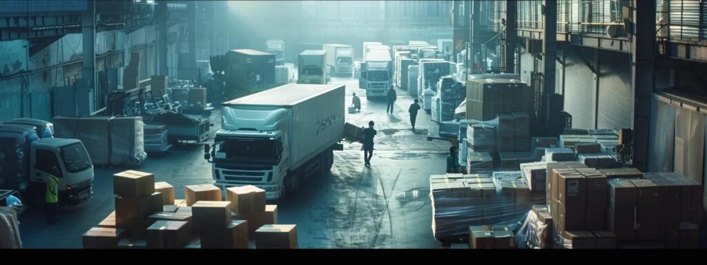 in a bustling urban warehouse, workers swiftly load meticulously labeled boxes into sleek moving trucks, embodying the transformative changes in state moving regulations through organized efficiency and digital tracking displays.