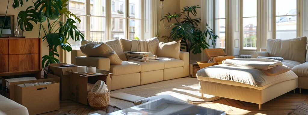 a meticulously organized living room showcases various packing techniques, with neatly labeled boxes of clothing rolled for preservation, bubble-wrapped fragile dishes, and cushioned electronics, all set against the backdrop of an inviting, modern home preparing for a move.