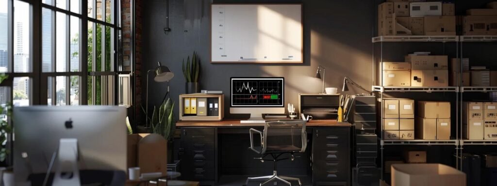 a meticulously organized, modern office space featuring a sleek desk, a computer displaying customer feedback analytics, and moving boxes stacked neatly, creating a professional environment for evaluating the moving experience.