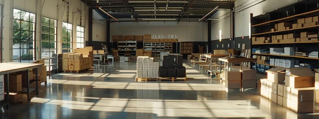 a meticulously organized moving scene inside a modern, well-lit packing facility, showcasing neatly labeled boxes and packing materials, symbolizing a streamlined and efficient moving process.